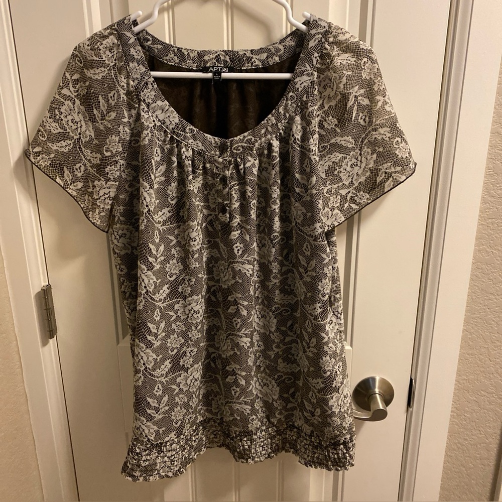 APT 9 L blouse brown white size large top shirt LG lace look  Lined PRETTY